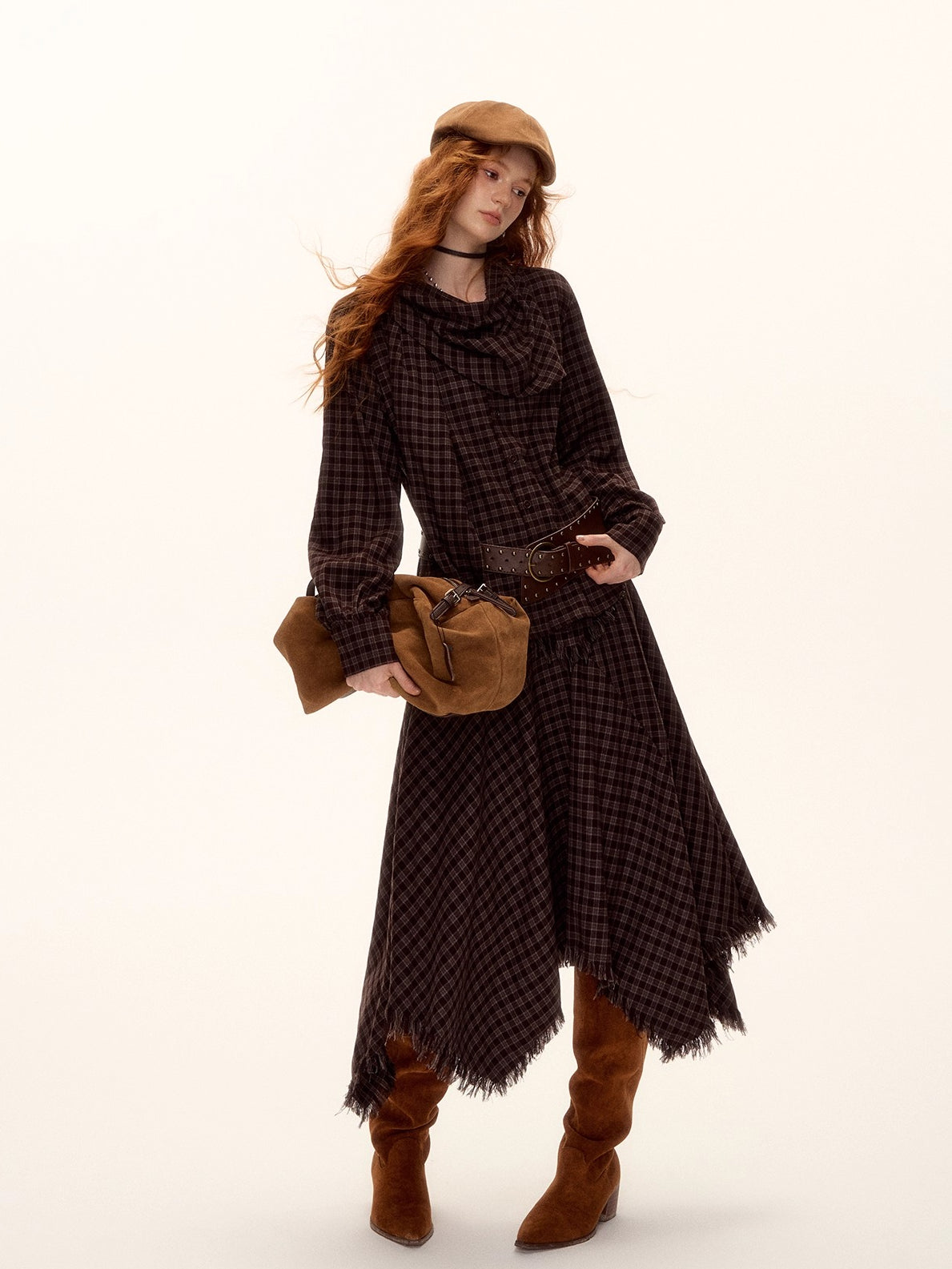 Frayed Hem Plaid Studded Belt Asymmetric A-Line Midi Skirt