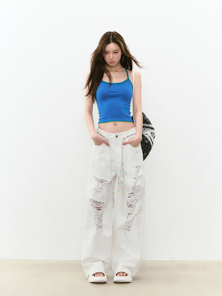 White Rhinestones Ripped Jeans