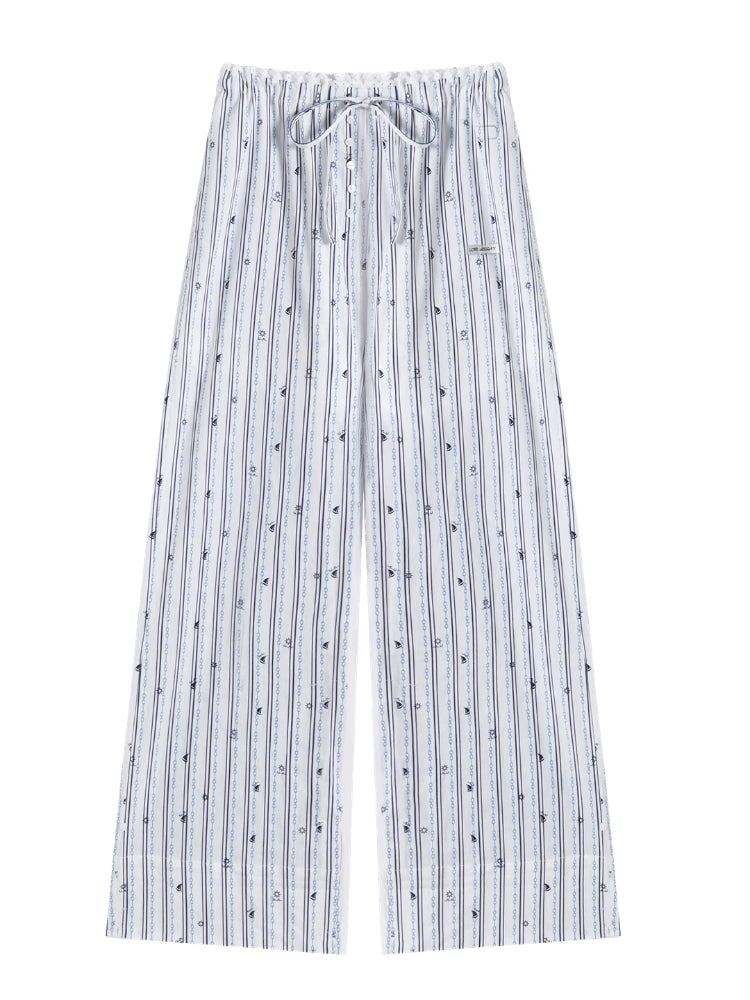 Striped Print Patchwork Embroidery Lace Straight Pants