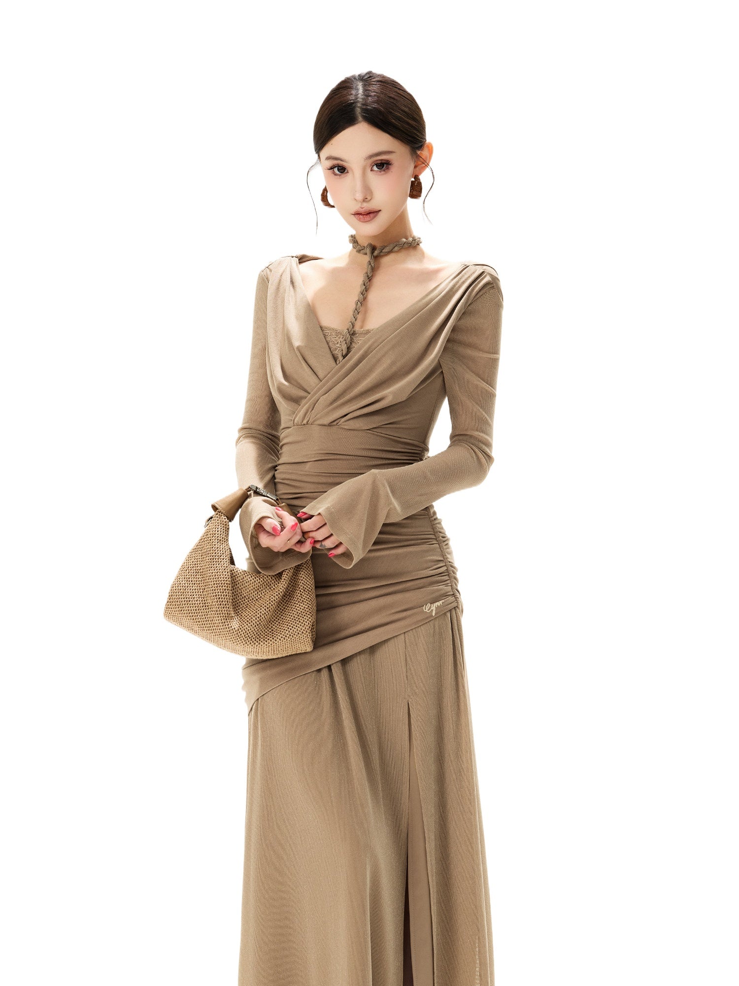 Greige Halter Knit Mesh Maxi Dress