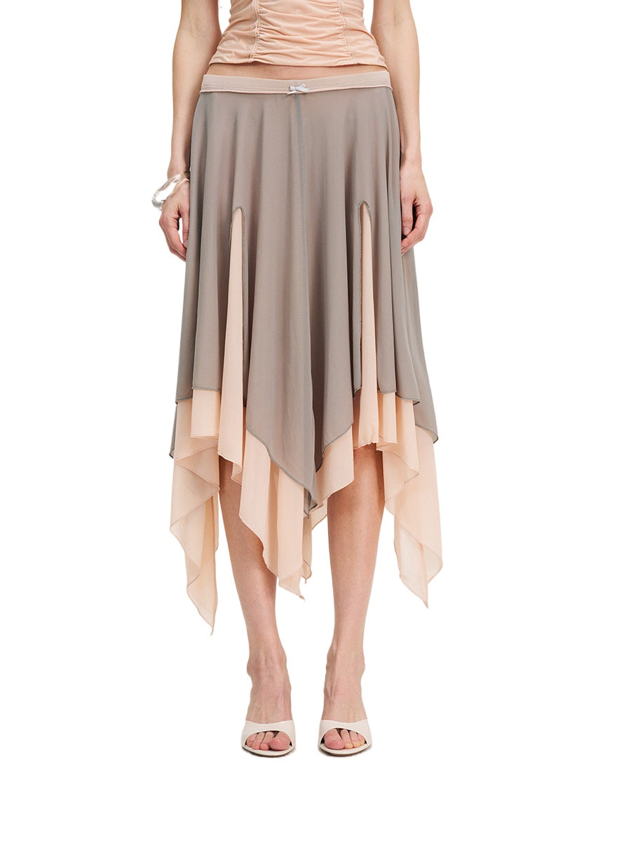Colorblock Mesh Flared Midi Skirt