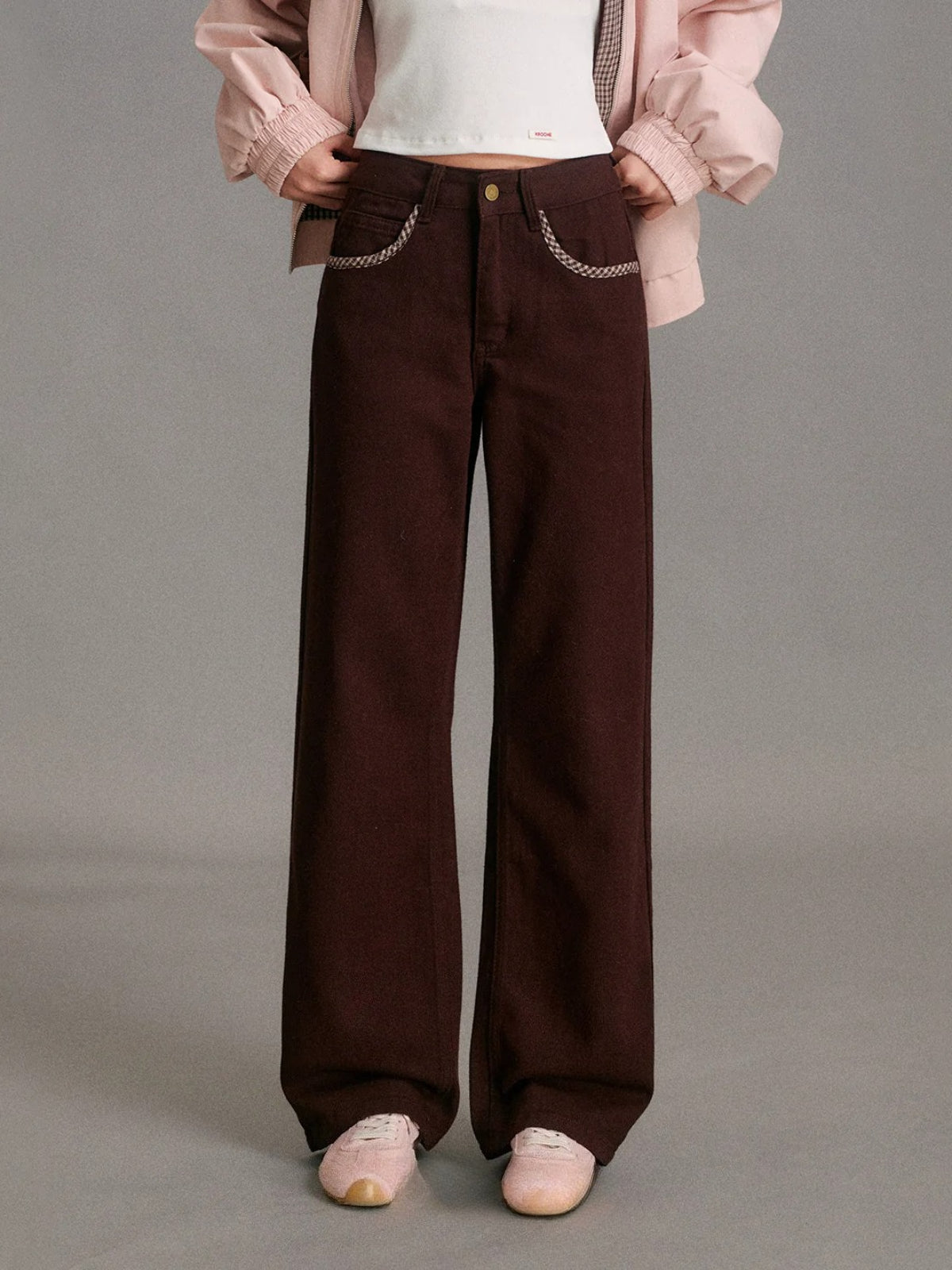 Chocolate Plaid Straight Jeans