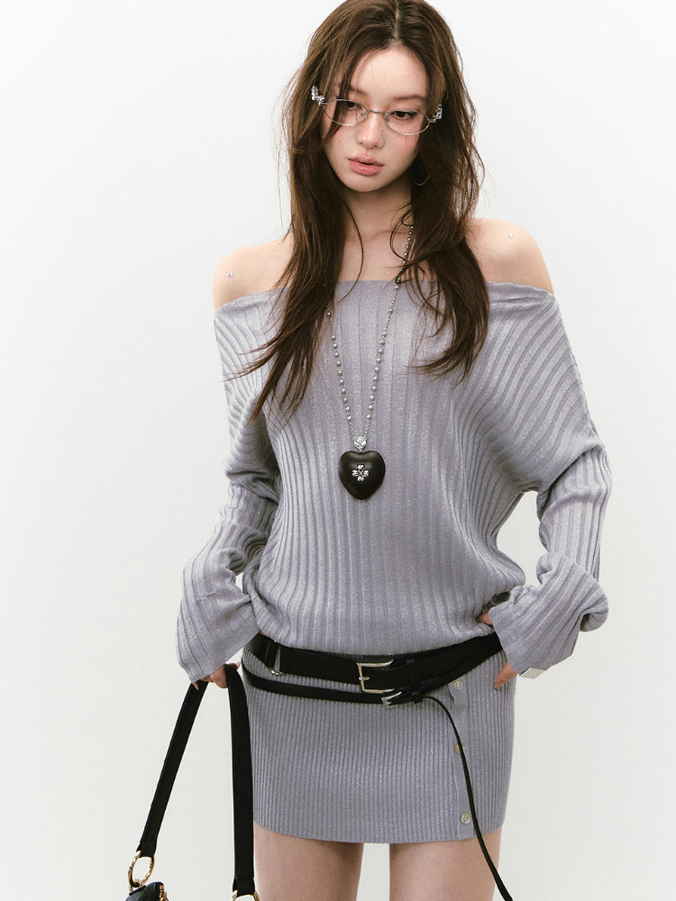 Thin One-shoulder Oblique-shoulder Button Dress