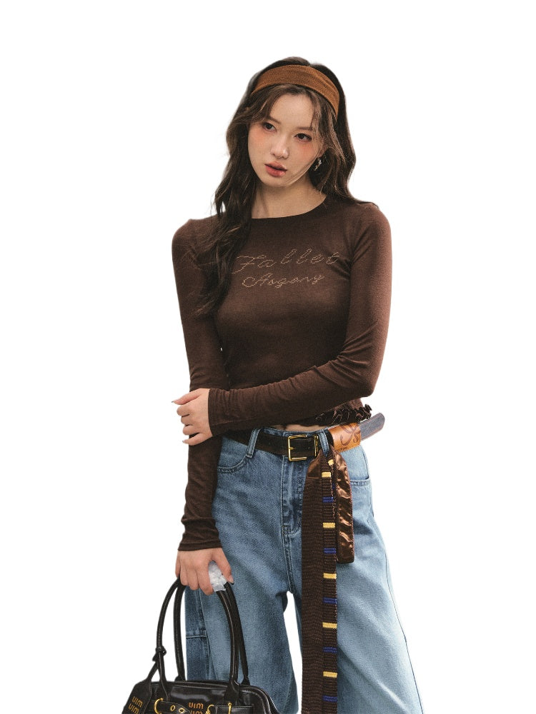 Ruffle Hem and Printed Splicing Cropped T-Shirts