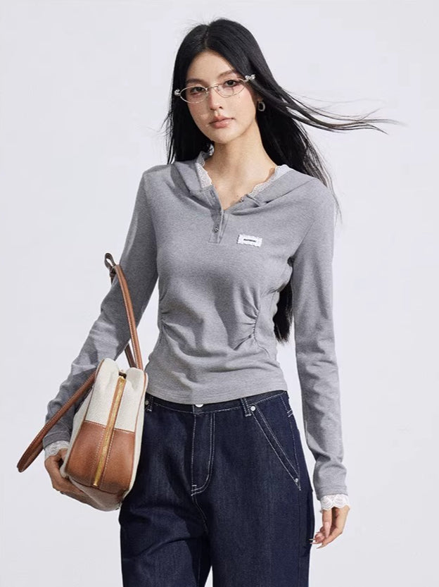 Beige & Gray Lace Hooded Tee