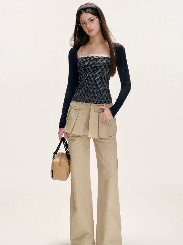 Contrast Lace-Trim Plaid Top Set