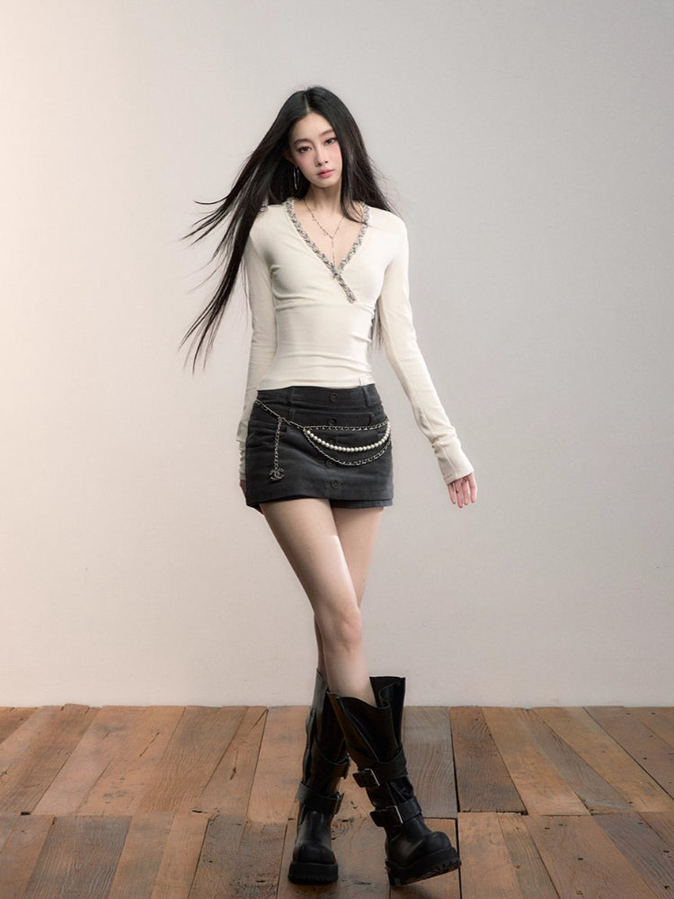 V-Neck Beaded Trim Knit Top