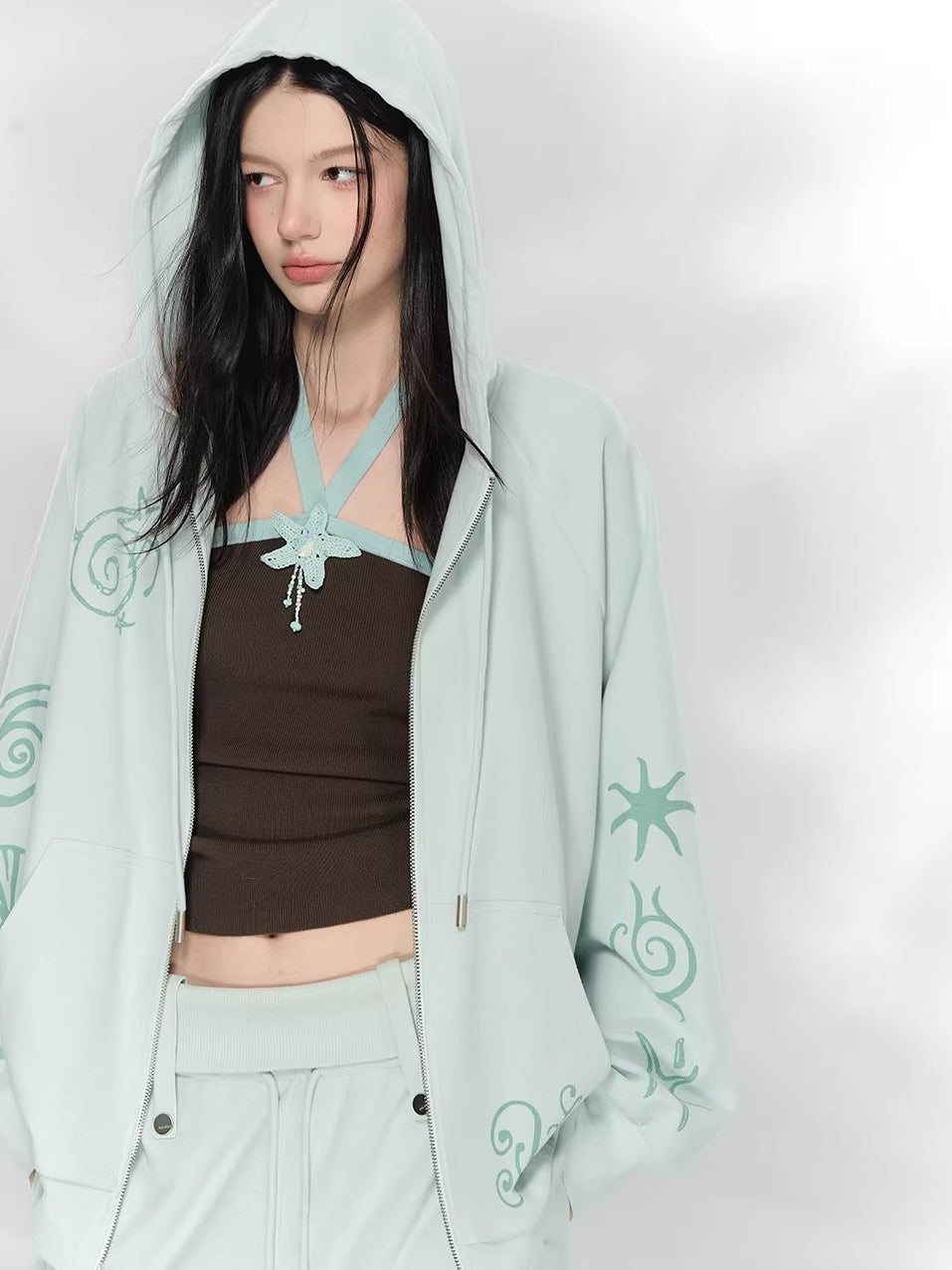 Green & Beige Printed Hoodie Set