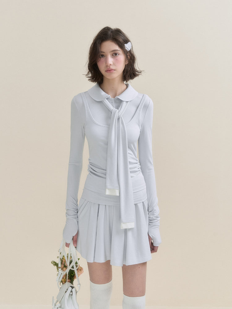 White & Blue Collared Knit Top & Skirt Set