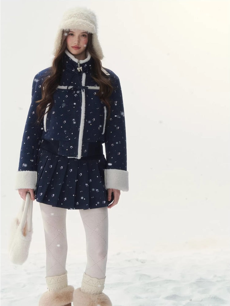 Floral Corduroy Shearling Jacket & Skirt Set