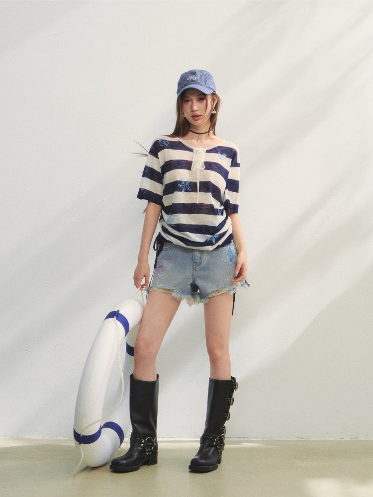 Striped Embroidery Drawstring Tie T-Shirt