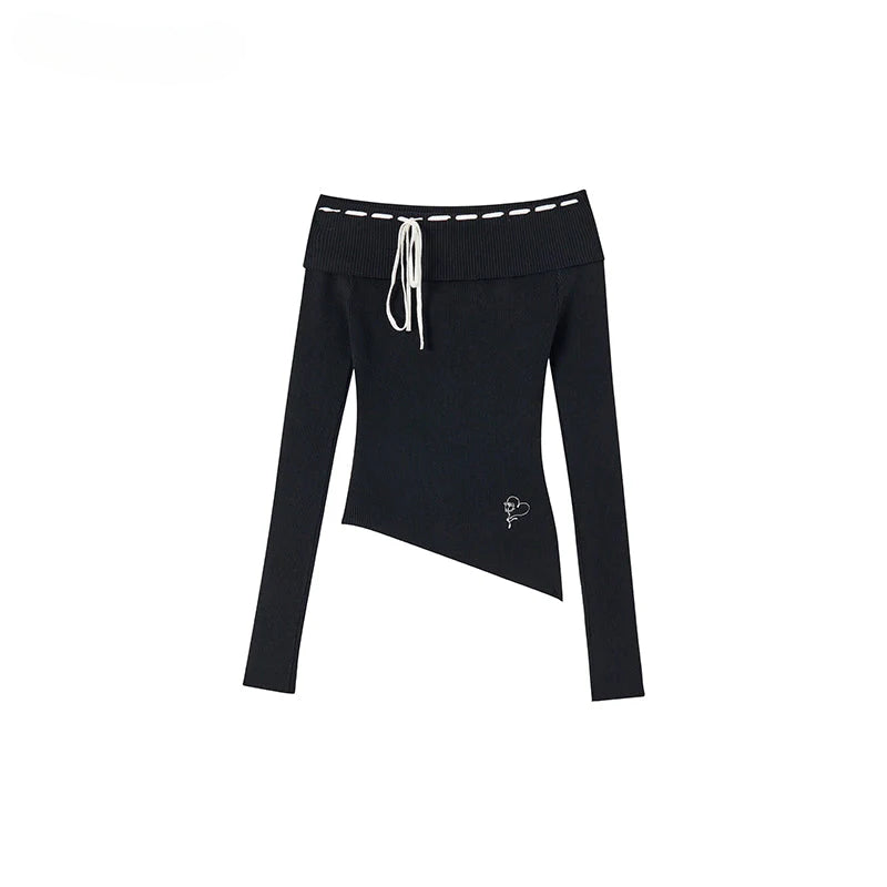 Black & Brown Off-shoulder Knitted Long Sleeve T-shirt