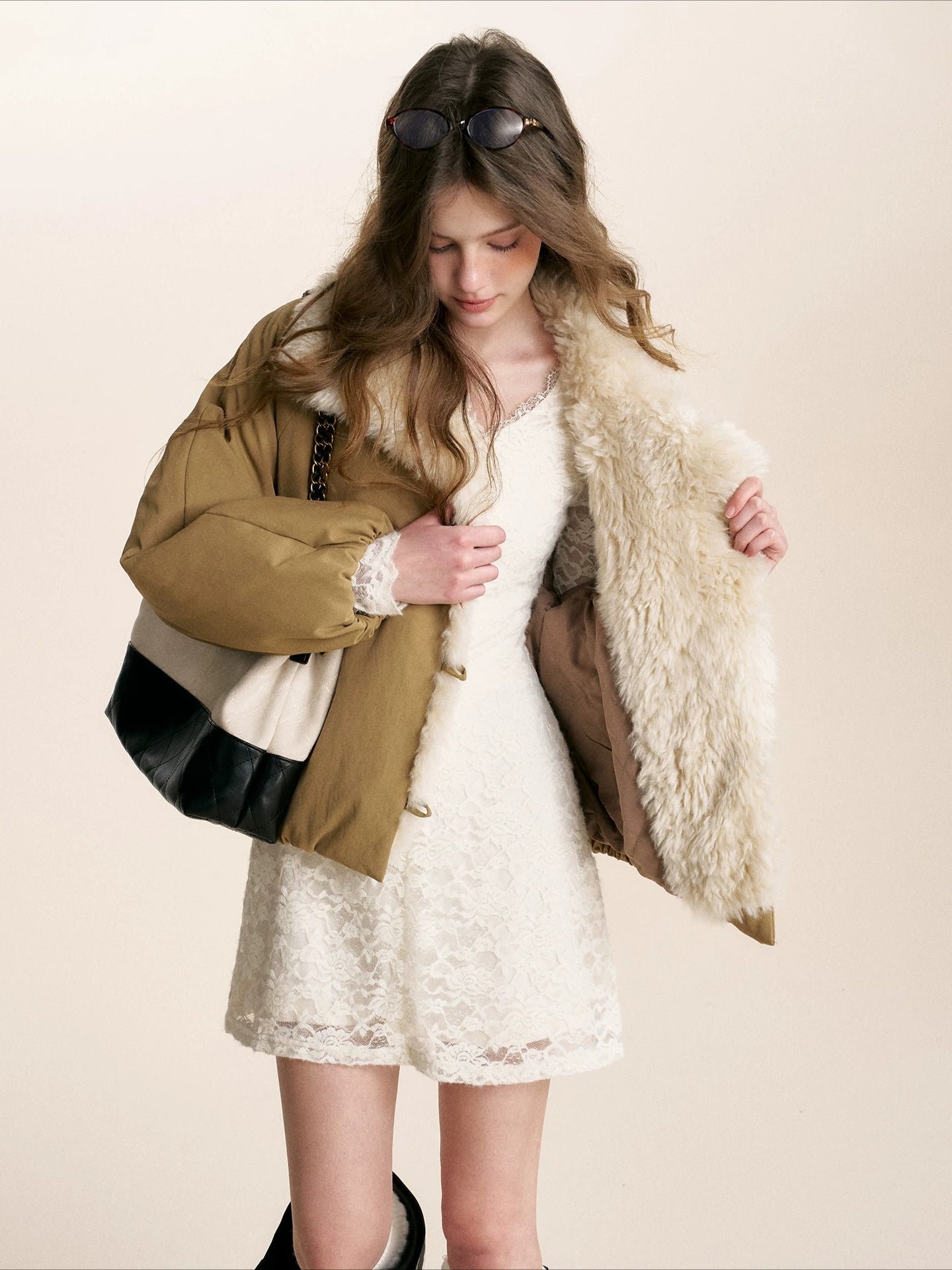 Khaki Shearling Collar Parka Jacket