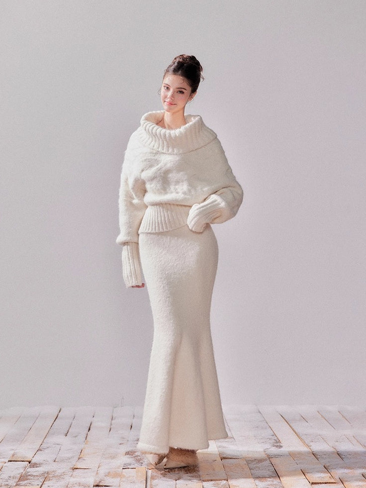 Oversized Turtleneck Off-Shoulder Sweater & Skirt Set