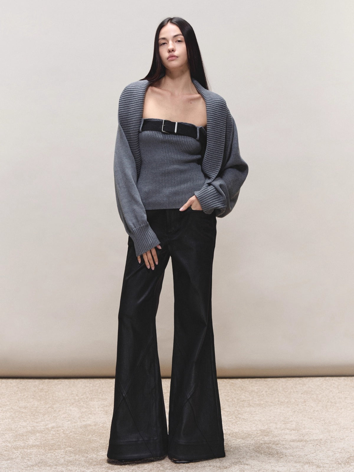 Coated Straight Wide-Leg Pants