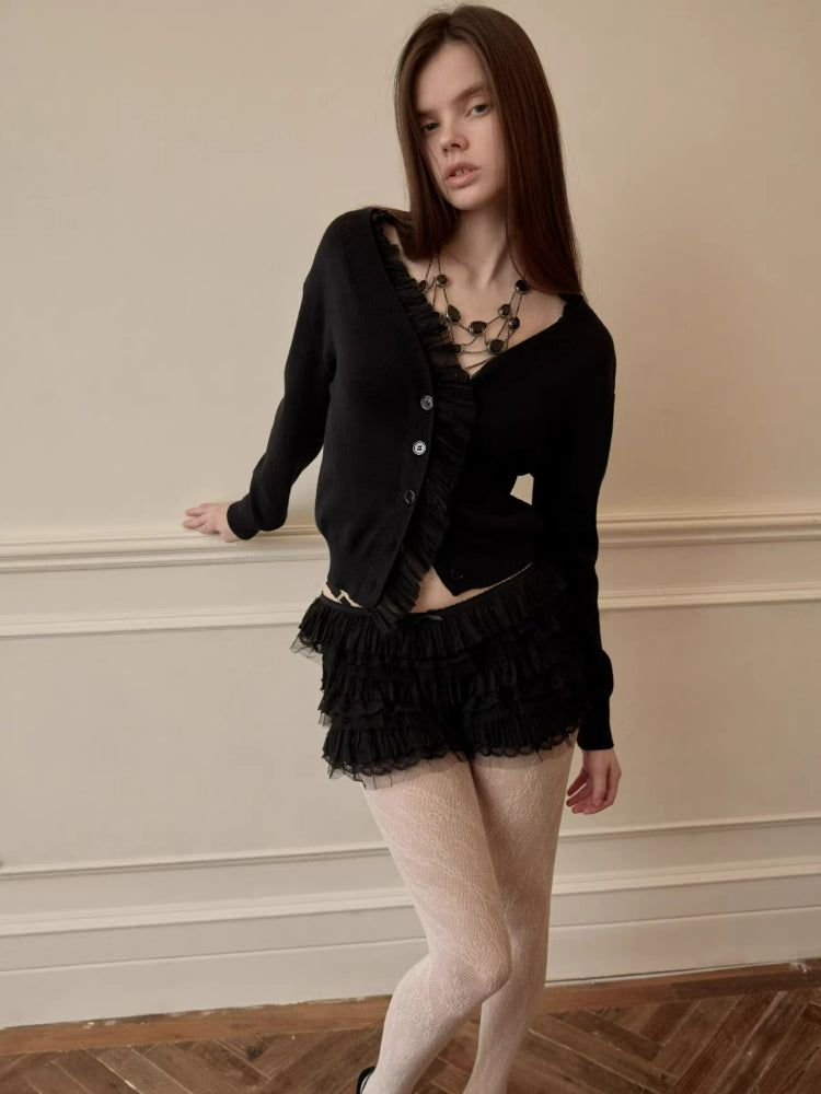 Ruffle Trim Ruched Knit Cardigan
