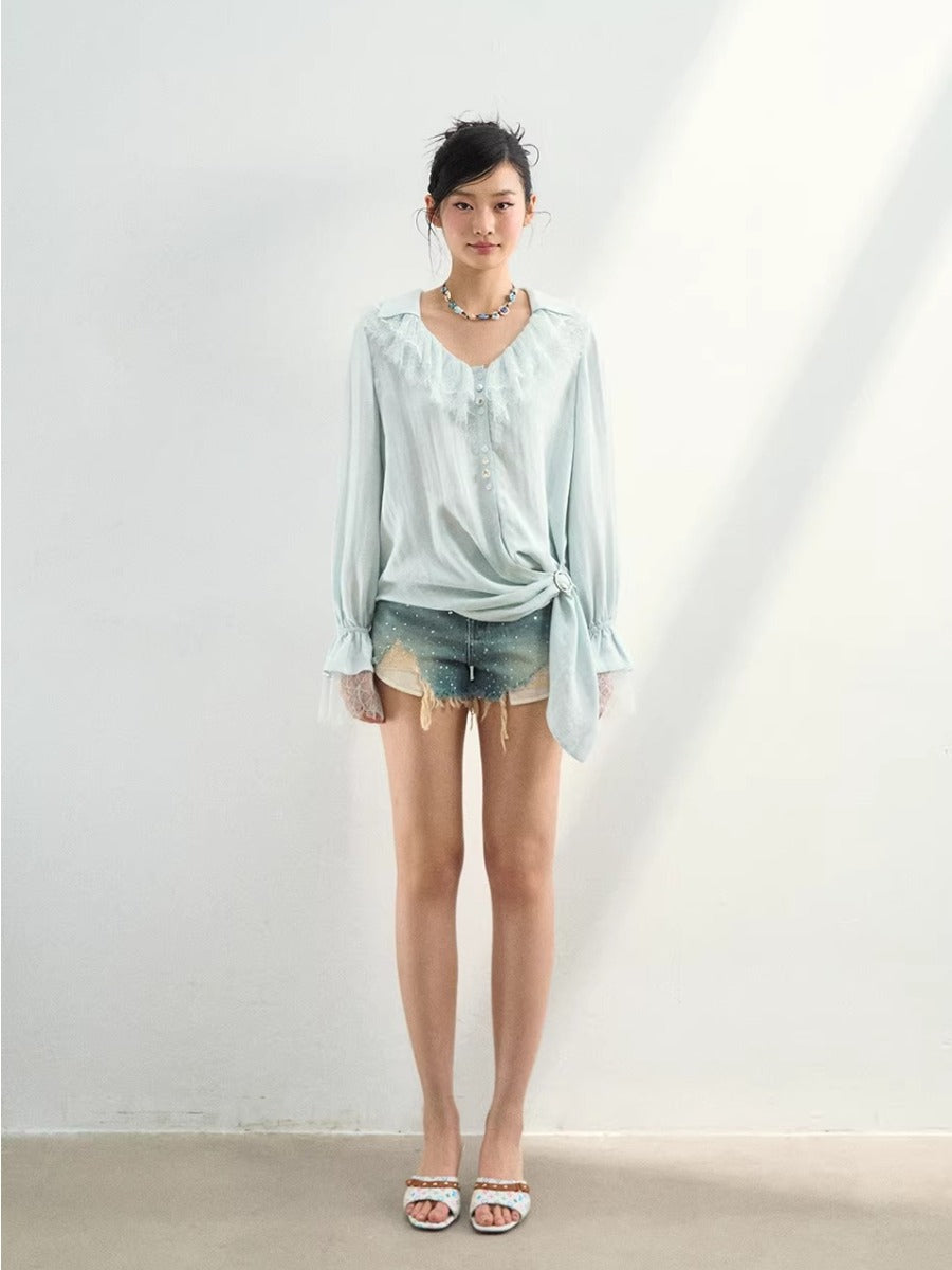 Lace Trim Lyocell Blouse