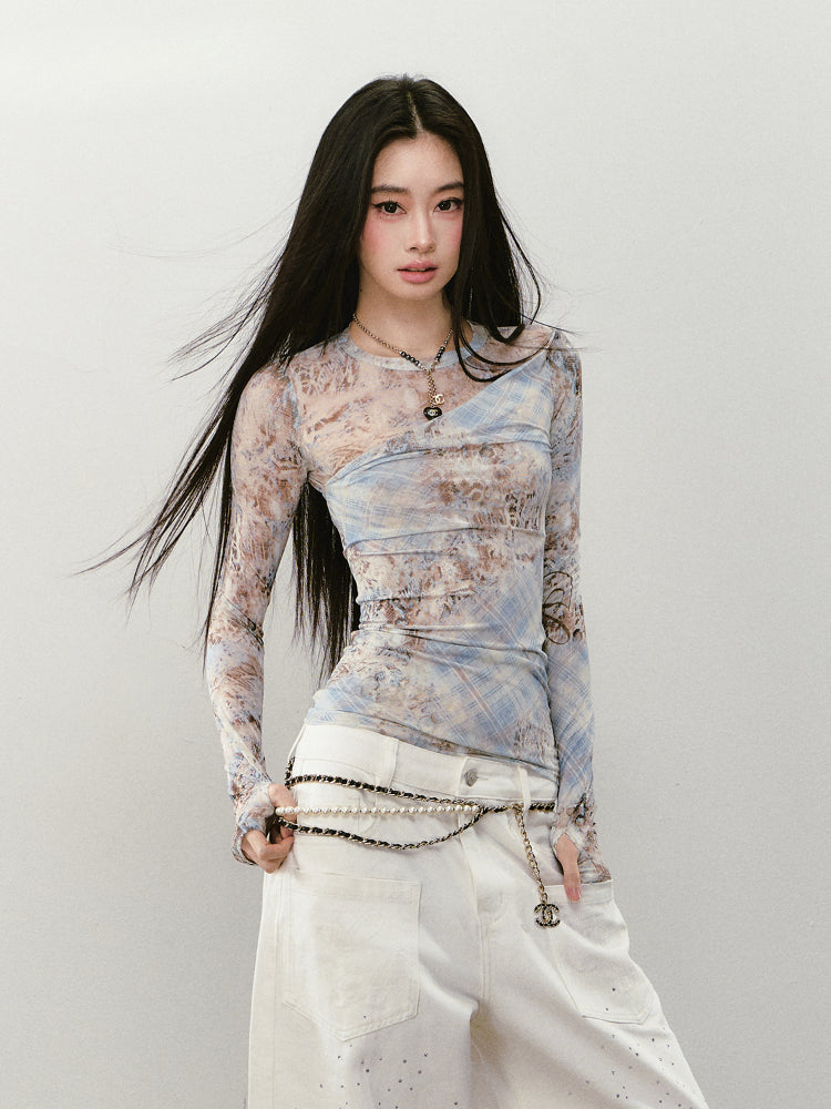 Printed Mesh Contrast-colored Long-sleeve T-shirt