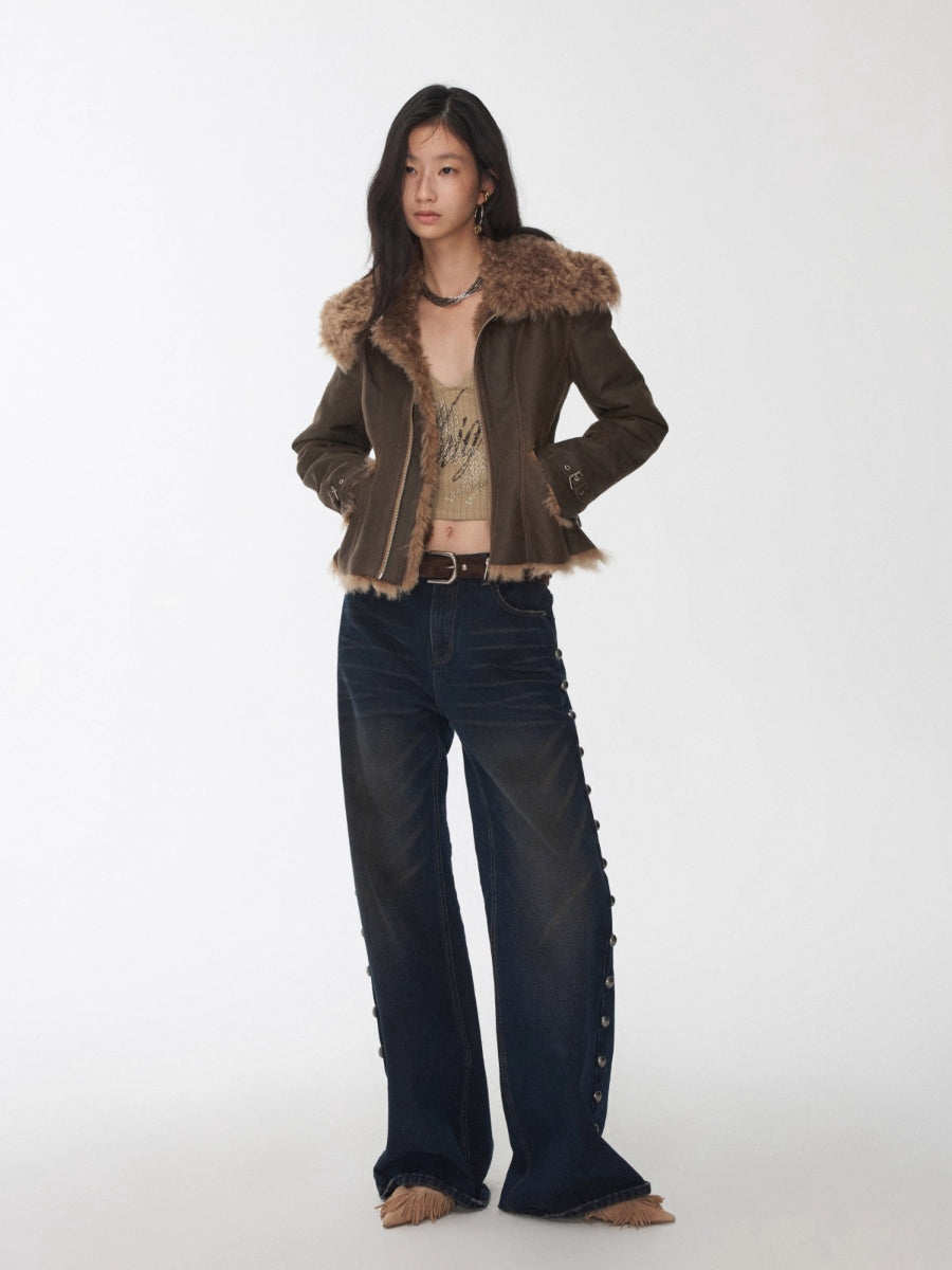 Washed Faux Shearling Fitted Jacket
