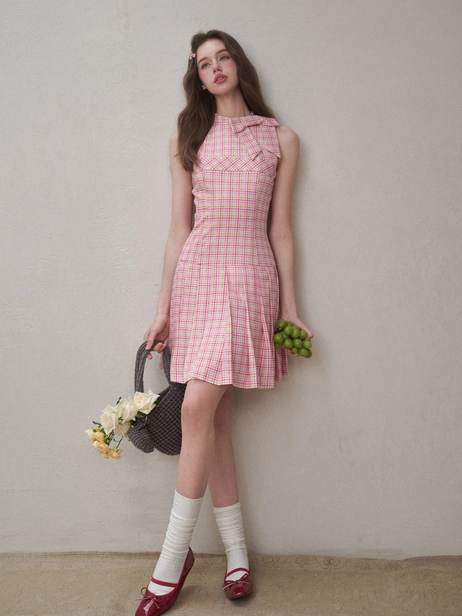 Mint & Strawberry Check Halter Dress