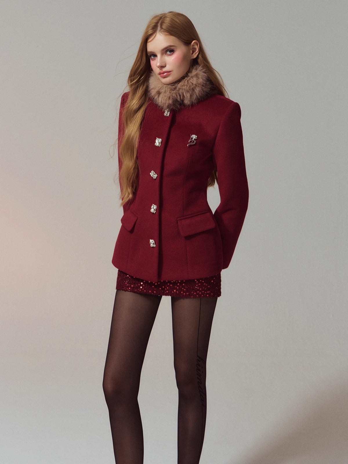 Diamond Detail Waist-Coated Wool Coat & Skirt Set