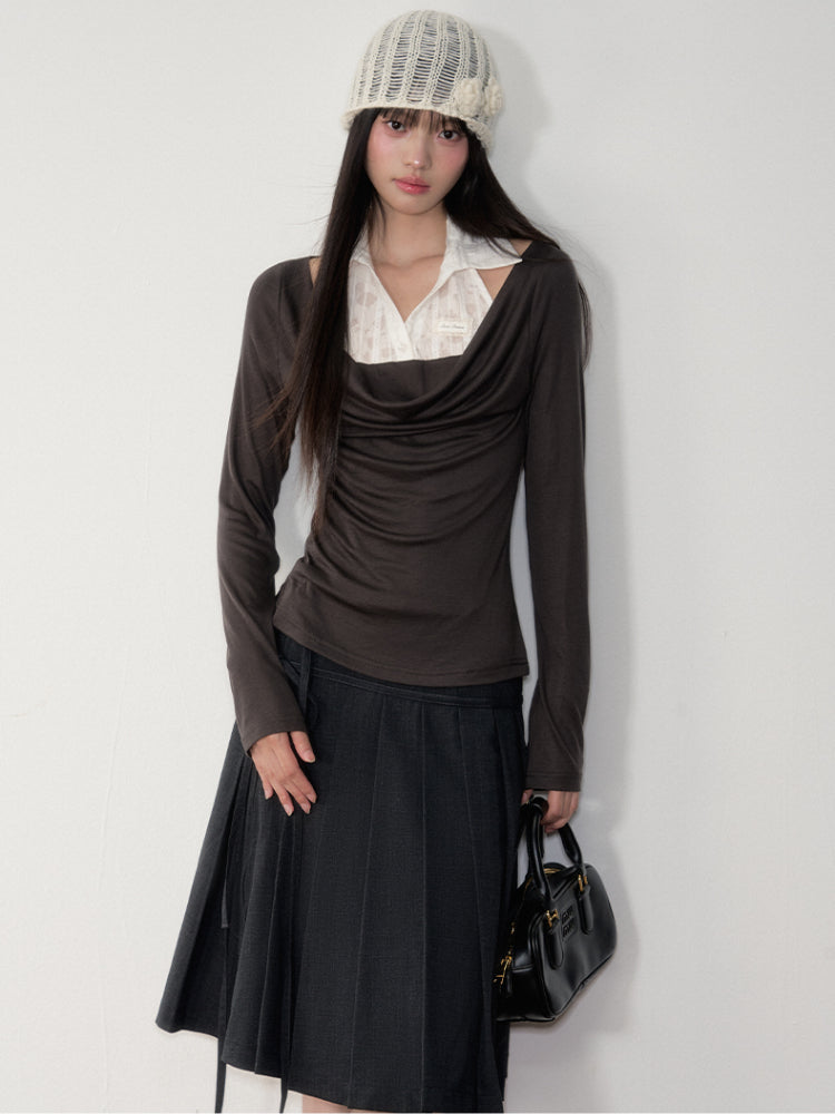 Dark Grey Tie-Waist Pleated Midi Skirt