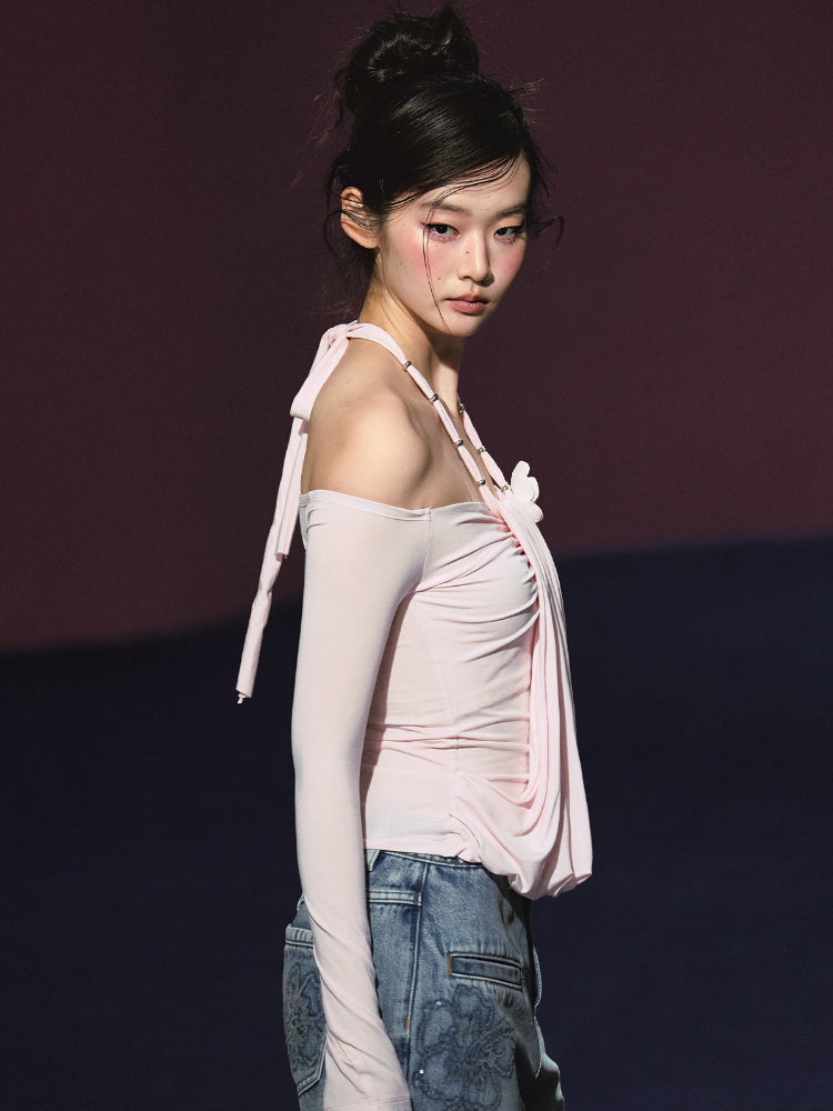 Fake Two-Piece Halter Ruched Floral One-Shoulder Blouse