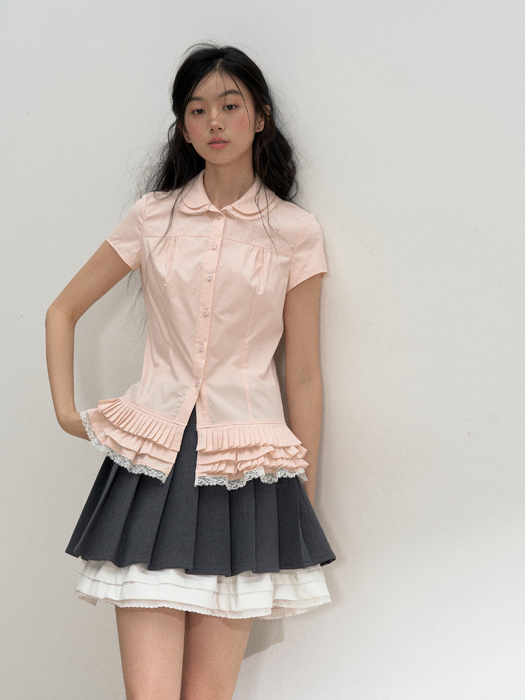Pink Embroidered Collar Lace Shirt