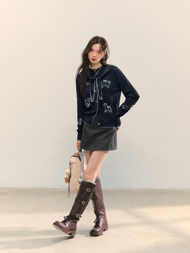 Puppy Embroidered Trim Hooded Knit Sweater