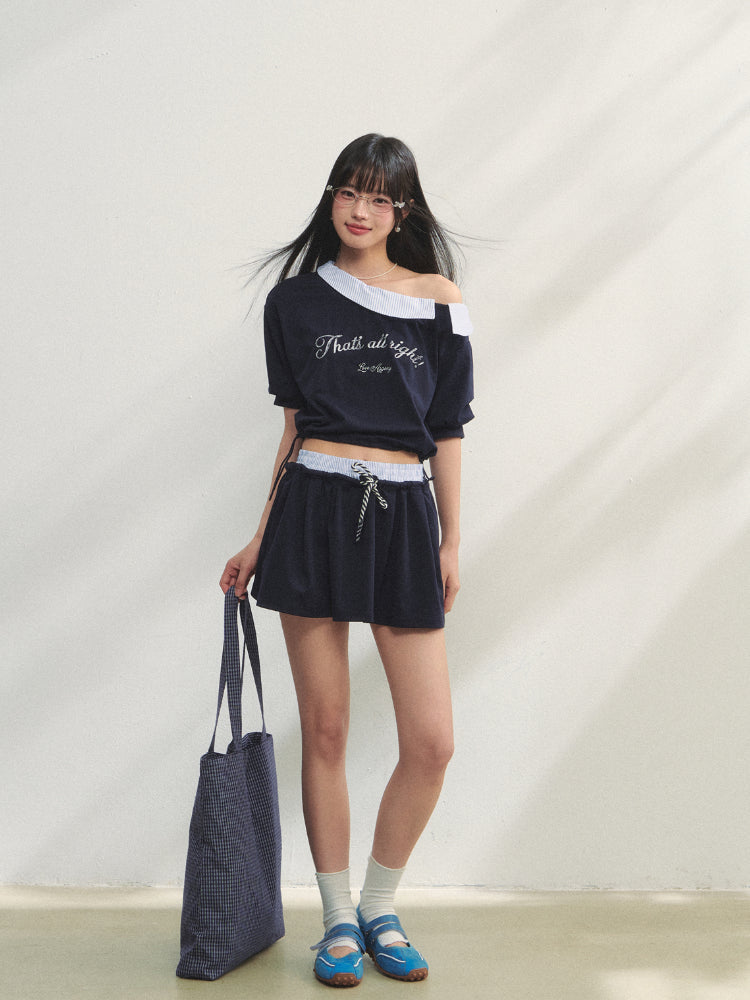 Grey Asymmetric Shoulder Striped Patchwork Short-Sleeve & Skirt Set