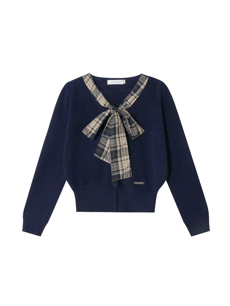 Plaid Bow-Tie Round Neck Knitted Cardigan