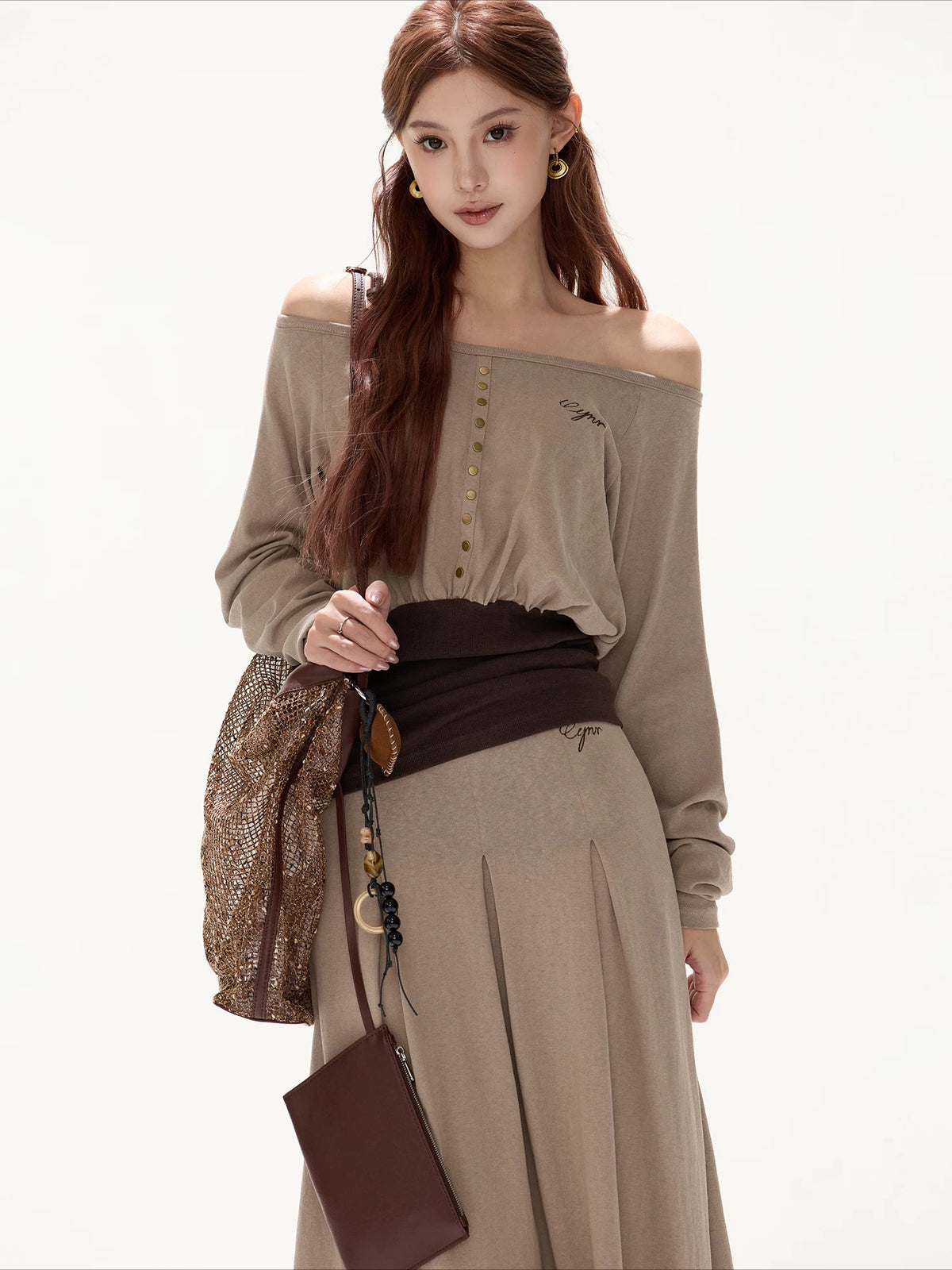Khaki Off Shoulder Draped Top & Skirt Set