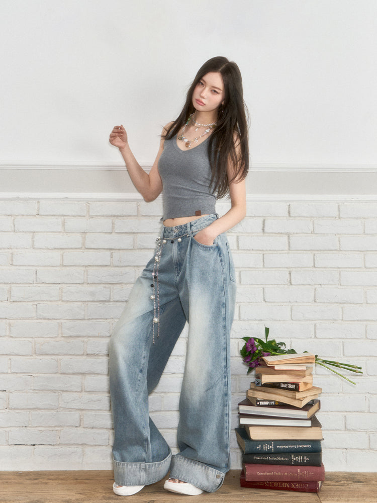 Flared Cuffs Contrast Pants Jeans