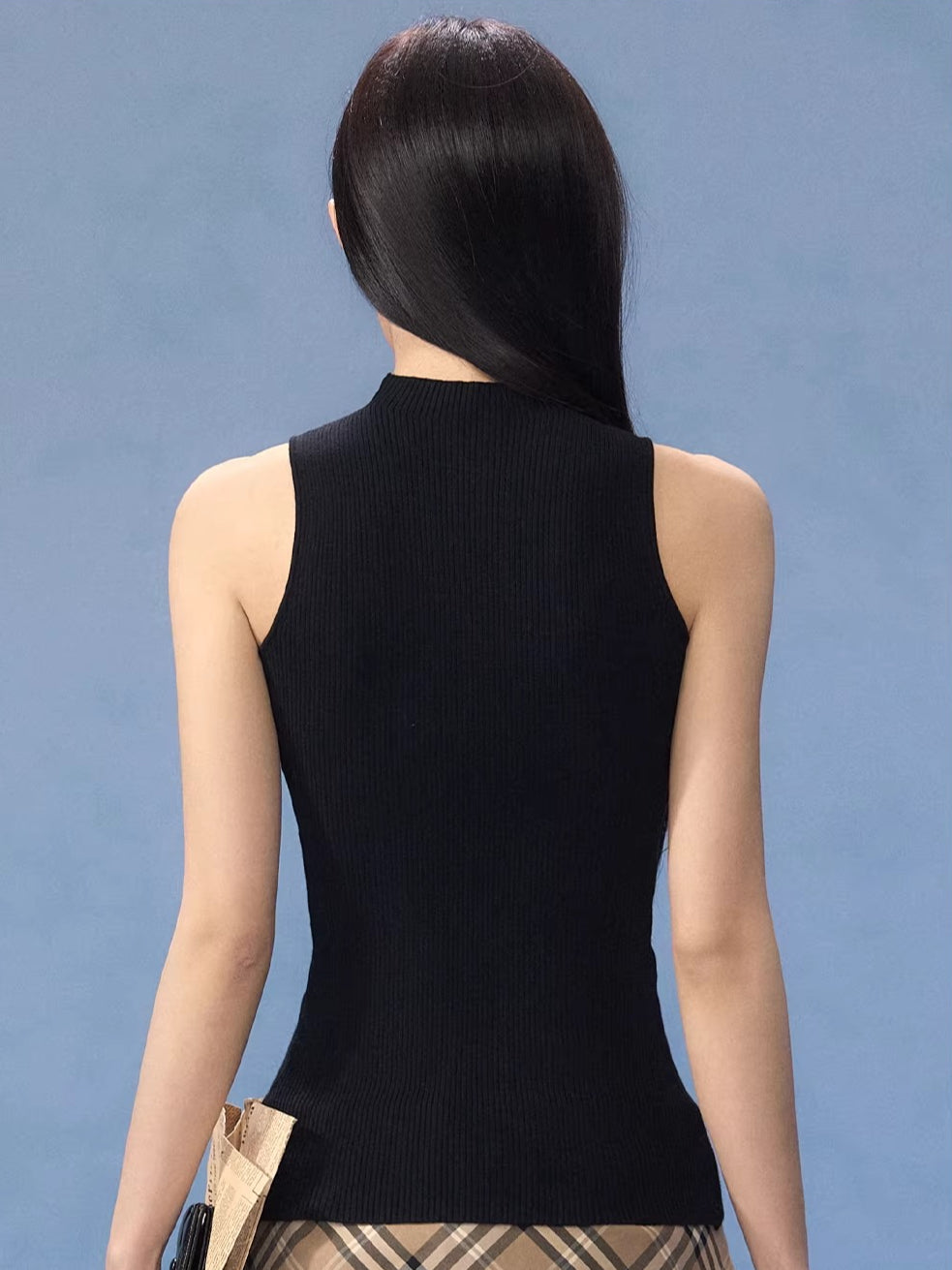 Black Mock-neck Top & Plaid Skirt Set