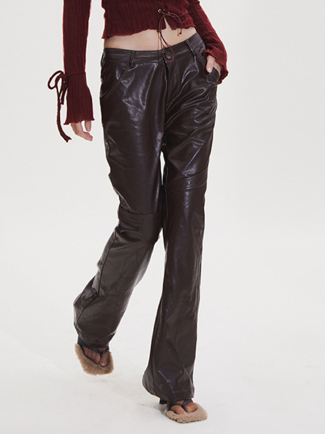 Black & Burgundy Embroidered PU Pants