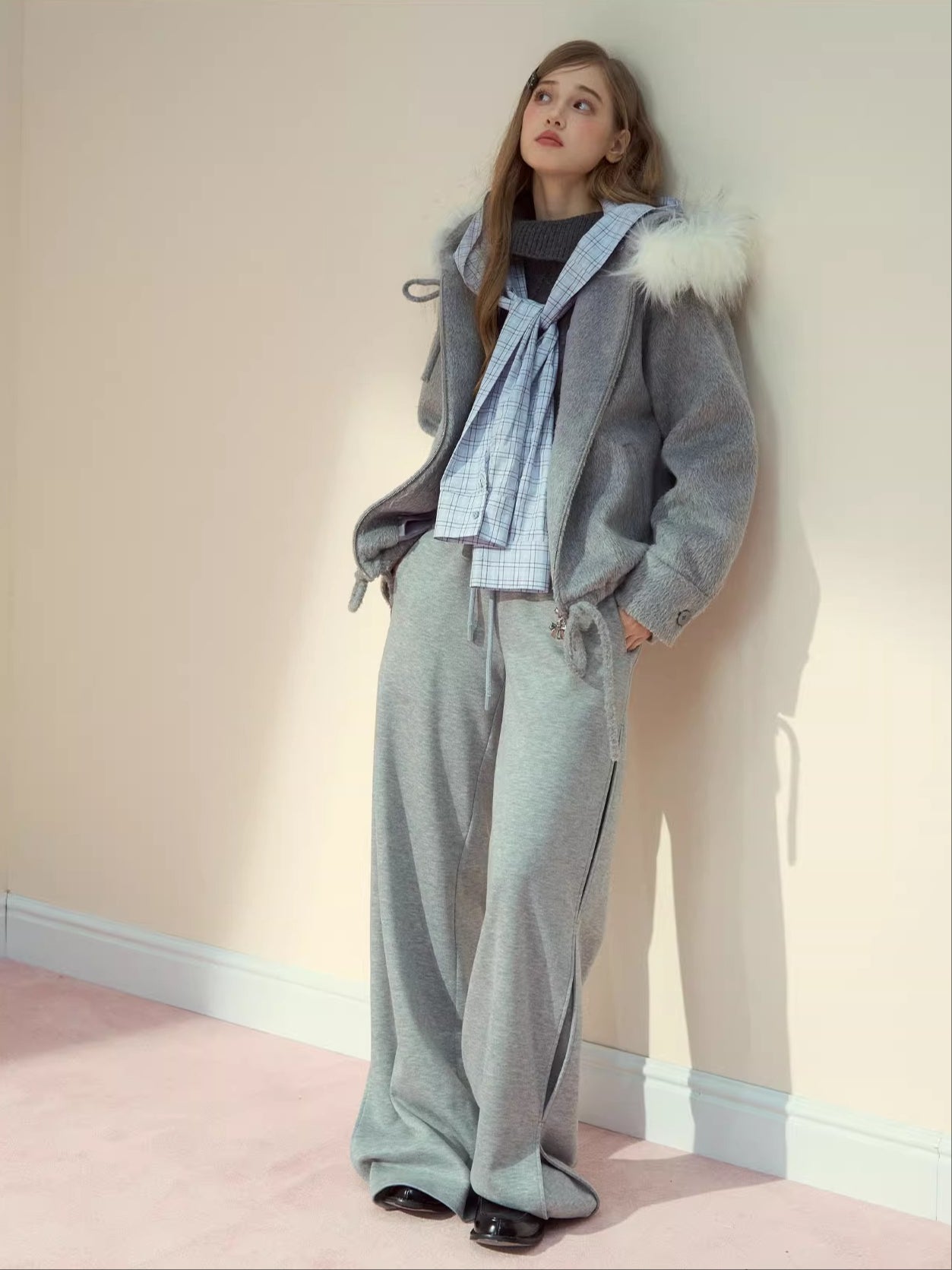 Checked Waist Wool Straight-Leg Pants