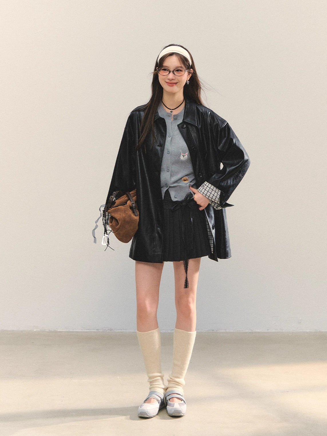 Gray & Apricot Puppy-Embroidered Knit Cardigan