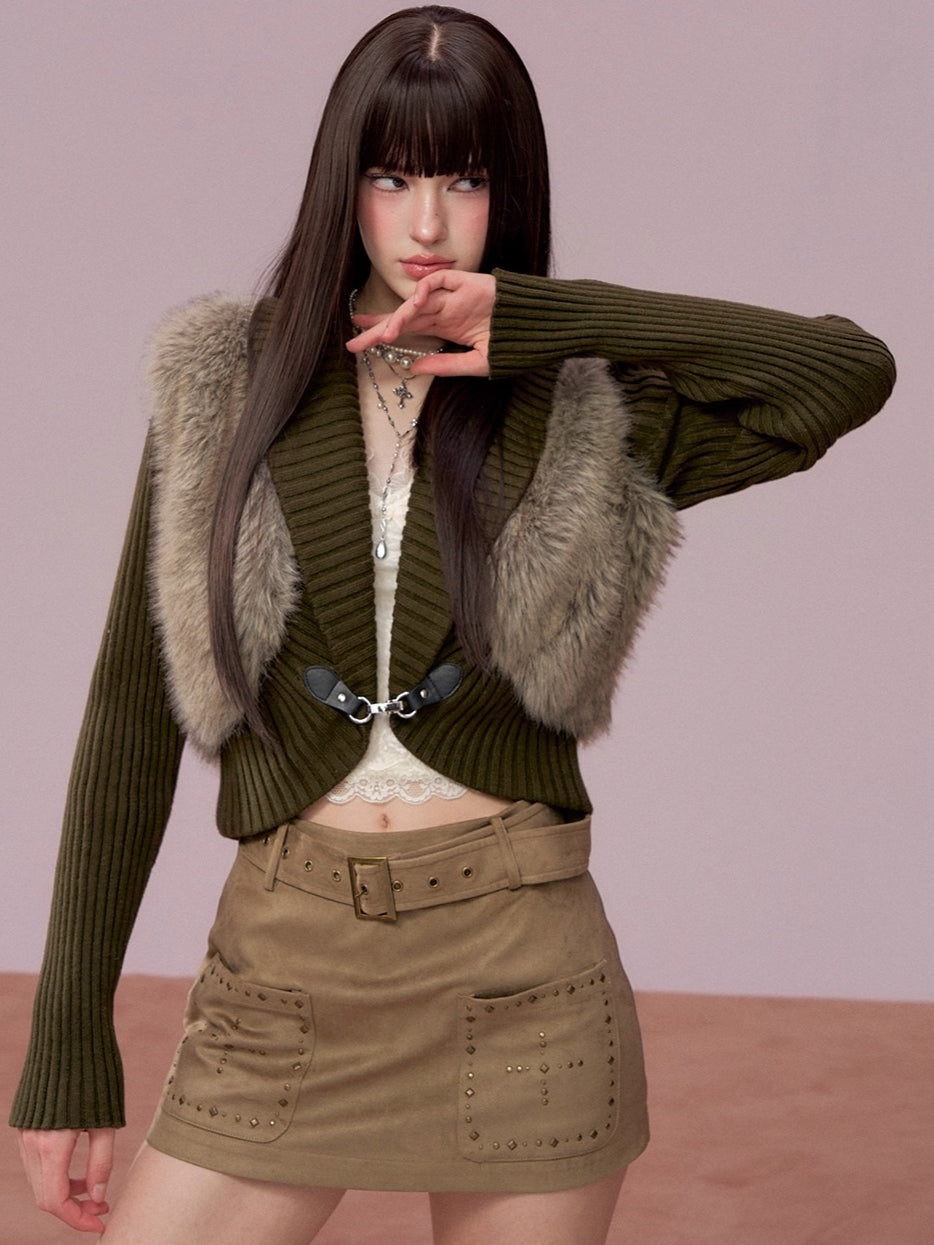 Faux Fur Panel Knitted Short Jacket