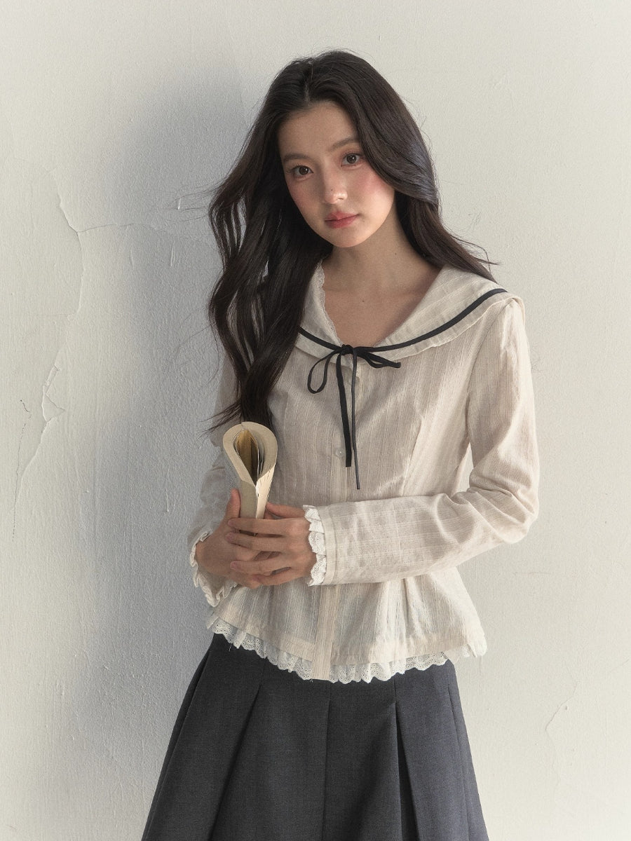 Beige Textured Sailor Collar Shirt & Skirt Set