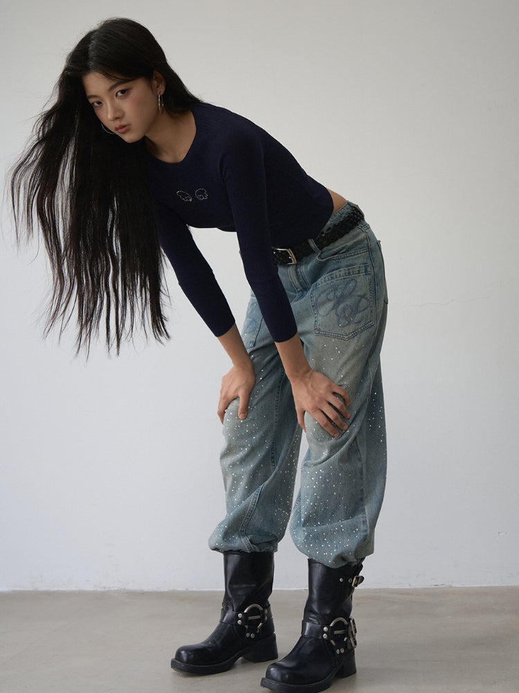 Rhinestone Heart Wings Slim Long-sleeved T-shirt