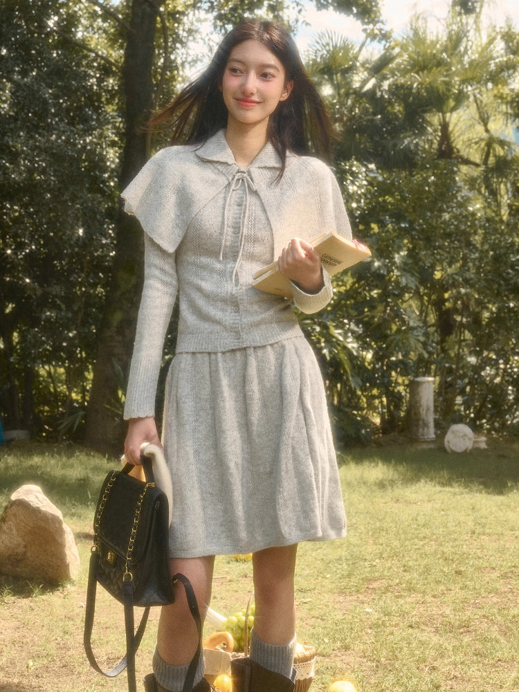 Snow Library Wool Knit Cape Cardigan & Skirt Set