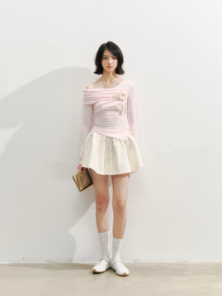 Asymmetric Shoulder Voluminous Ruched T-Shirt