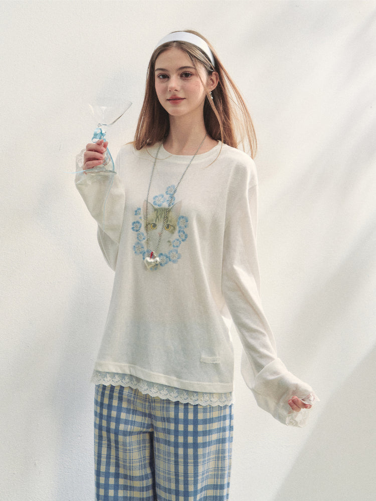 Lace Panel Animal Print Long-Sleeve Tee