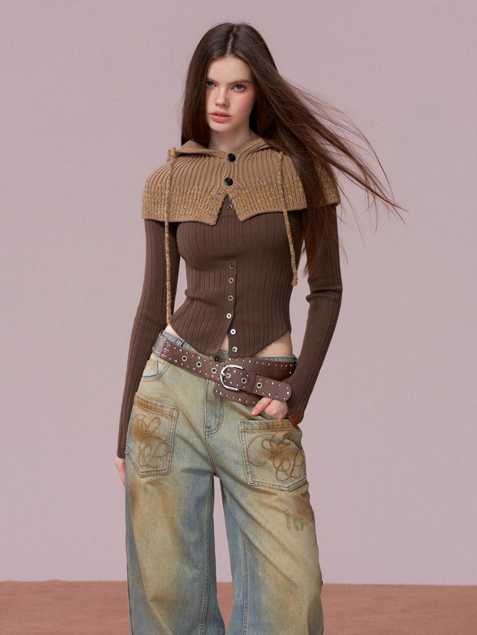 Brown Leather Buckle Cardigan & Hooded Cape Set