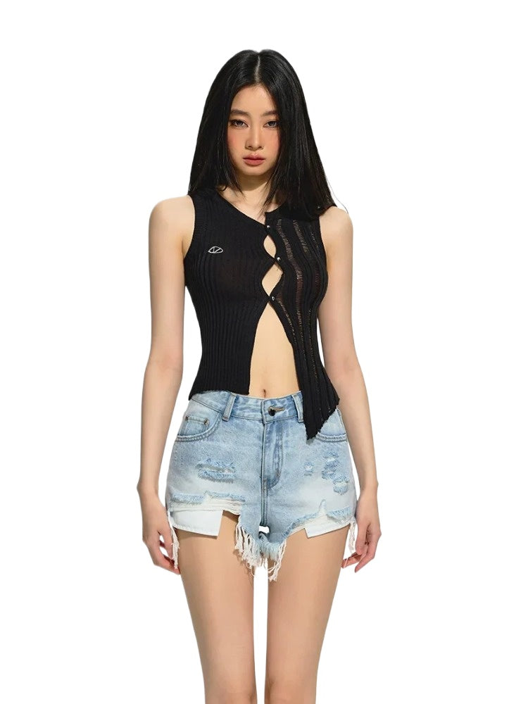 Blue Irregular Distressed Denim Shorts