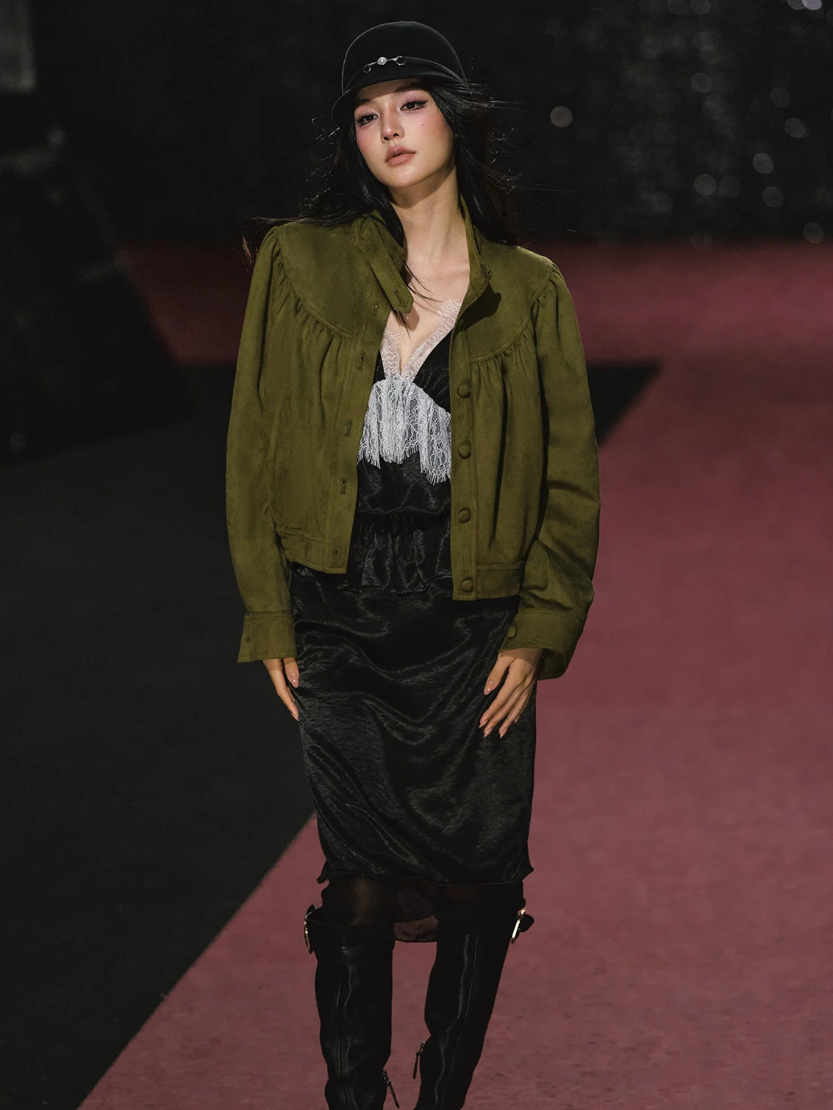 Ruched Stand Collar Faux Suede Jacket