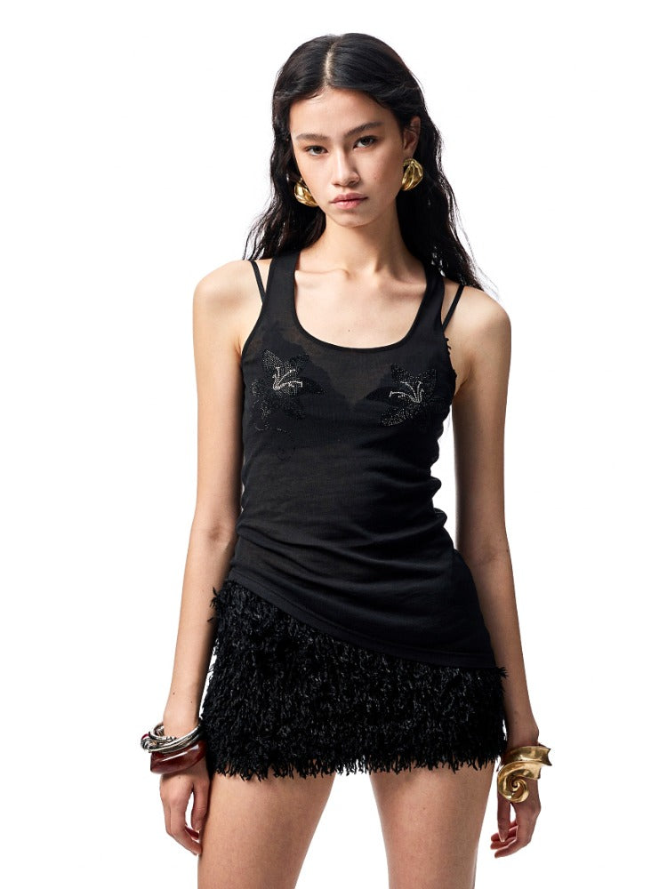 Floral Rhinestone Semi-Sheer I-shaped Tank Top