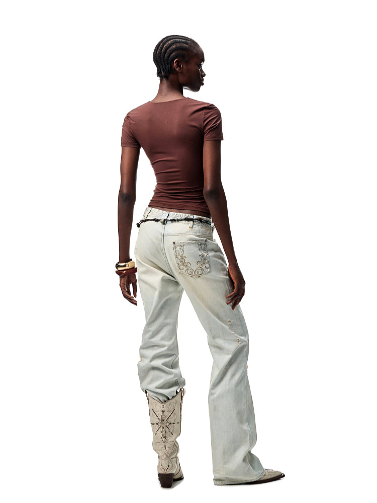 Light Blue Mud - Dyed Floral Embroidered Jeans