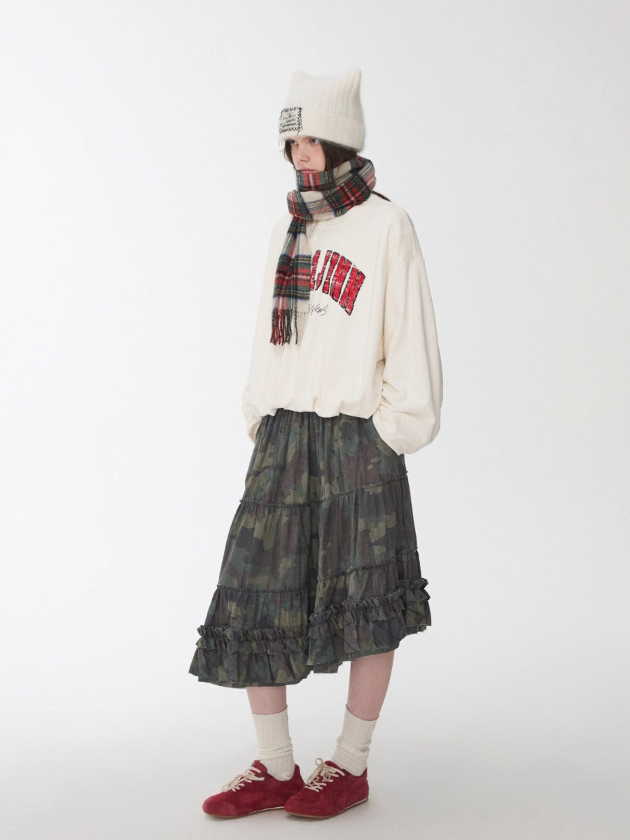 Camouflage Frayed Ruffle Layered Skirt