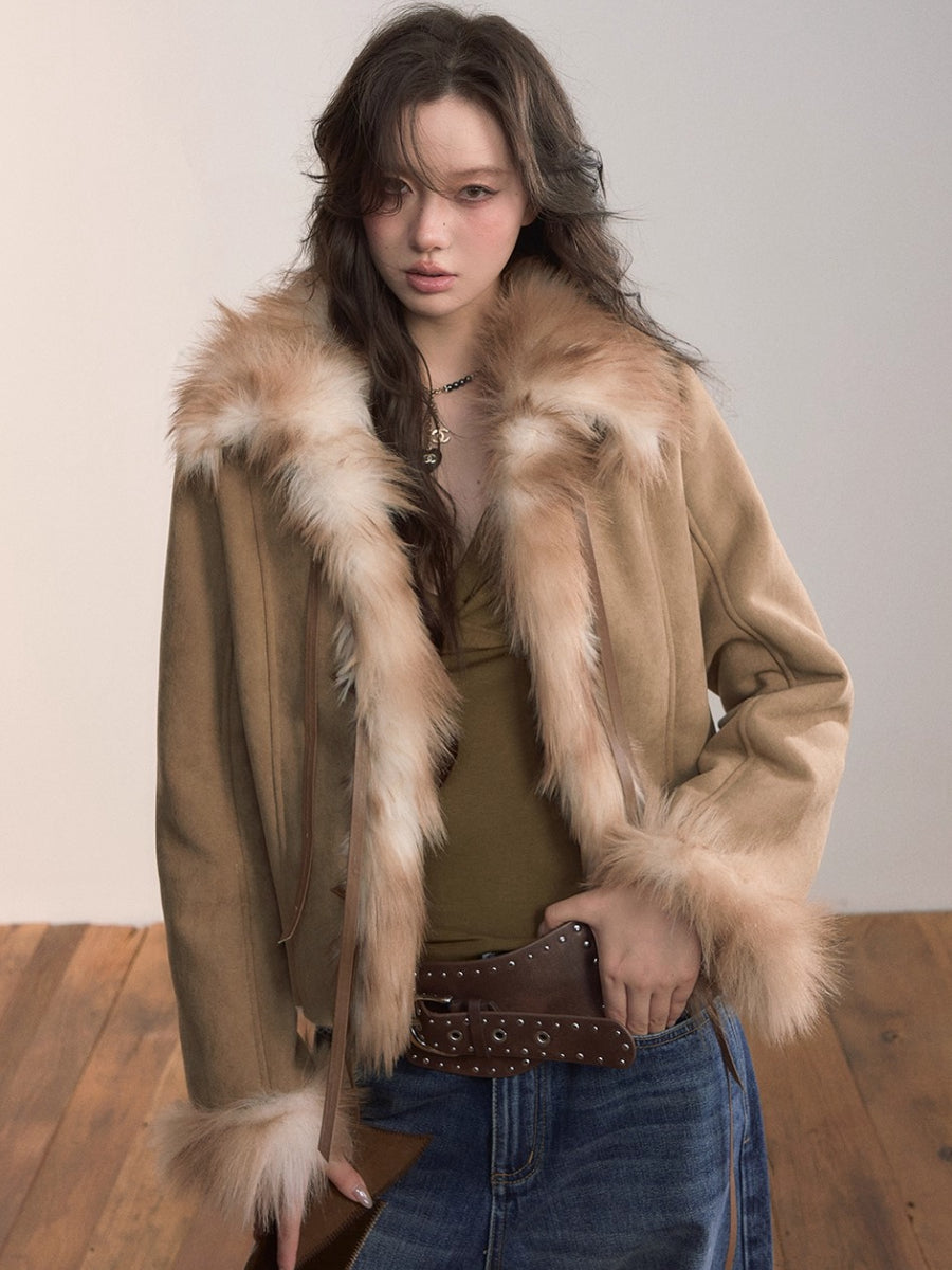 Bow Knot Tie Faux Leather Fur Combo Jacket